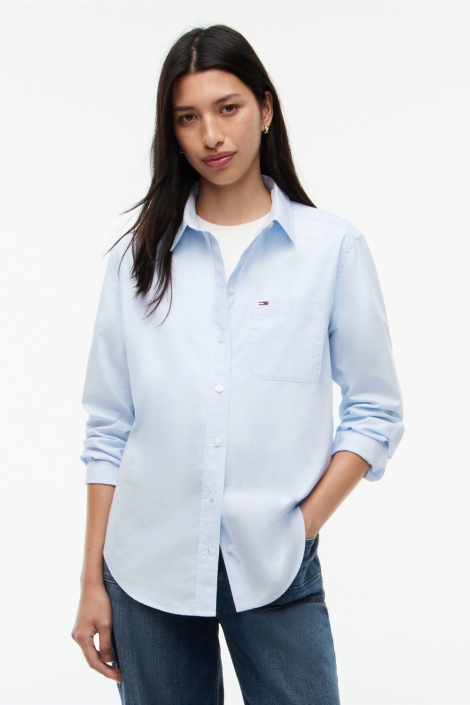 Tommy Jeans blauwe dames blouse | Model vooraanzicht