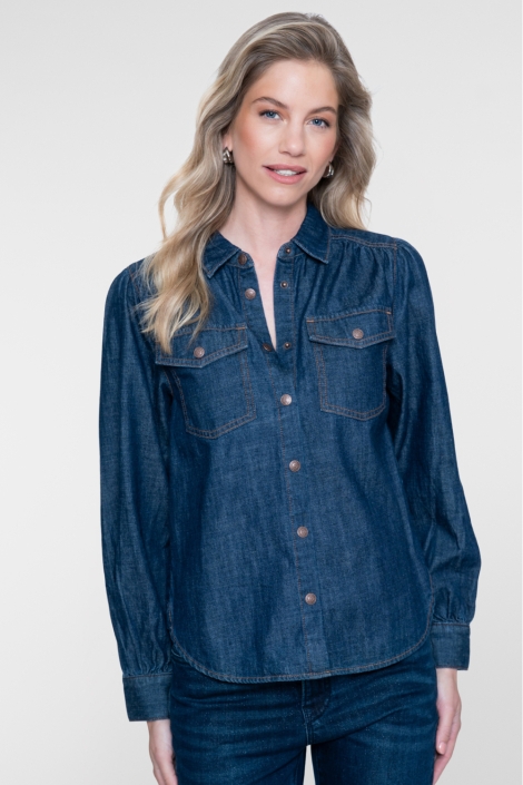 Geisha blauwe dames blouse | Model vooraanzicht