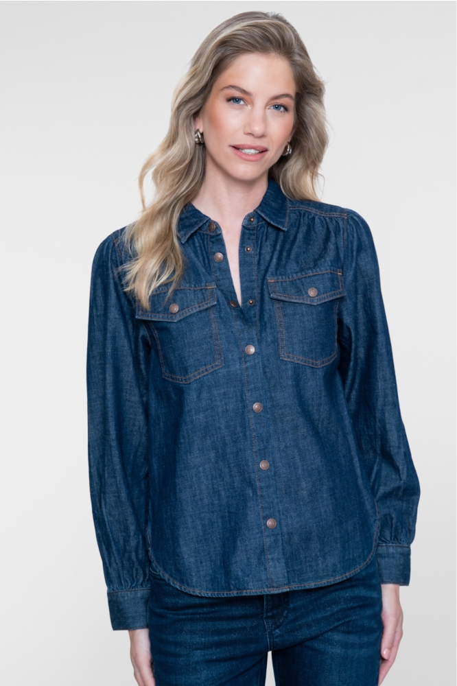 Geisha blauwe dames blouse | Model vooraanzicht