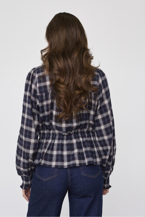 SisterS point blauwe dames blouse | Model achteraanzicht