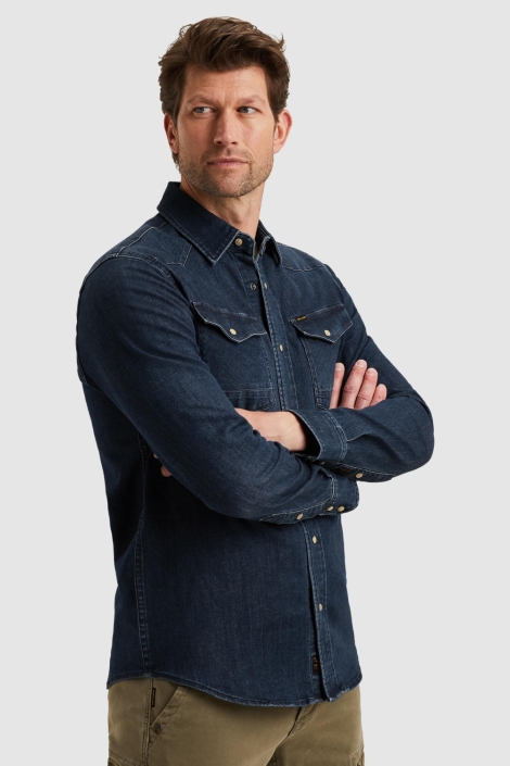 PME legend blauwe heren overhemd | Model zijaanzicht