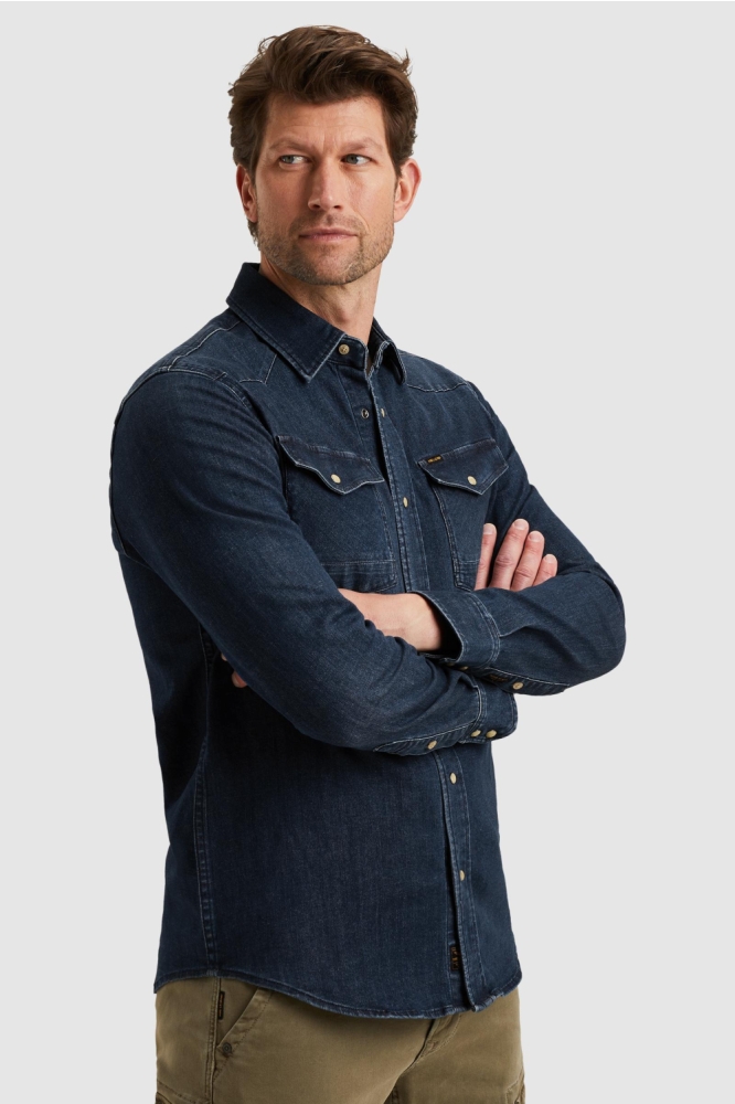 PME legend blauwe heren overhemd | Model zijaanzicht