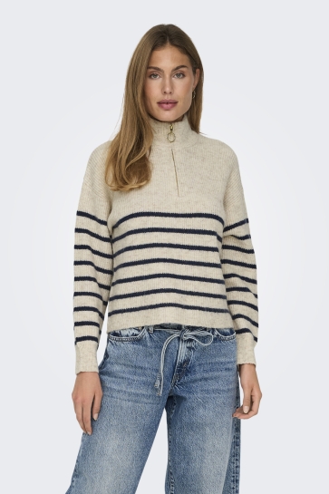 Only ONLTOKYO L/S ZIP PULLOVER KNT NOOS 15282472 PUMICE STONE/BLUE STRIP