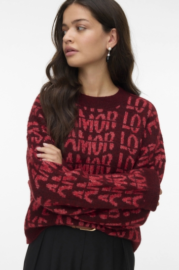 Vero Moda VMLOVE LS O-NECK PULLOVER BOO 10331432 SYRAH/MELANGE W RIBBON RED MEL.