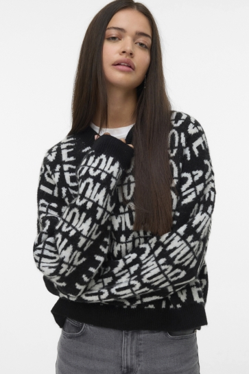 Vero Moda Trui VMLOVE LS O-NECK PULLOVER BOO 10331432 BLACK/WITH BIRCH SMALL LOVE