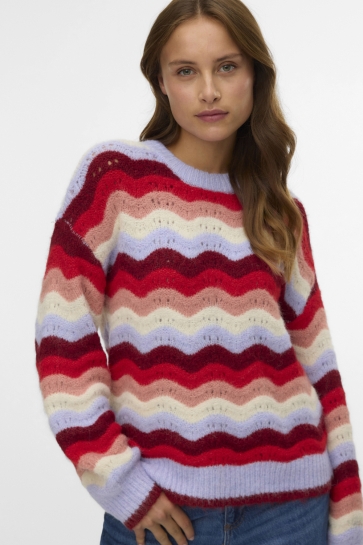 Vero Moda Trui VMDOJA LS O-NECK PULLOVER BOO 10331355 BABY LAVENDER/STRIPES W. SYRAH/RIBBON RED/ROSE ELW