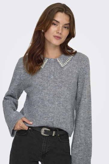 Jacqueline de Yong JDYAPRIL LIFE L/S PEARL COLLAR PULL 15351838 Medium Grey Mel/WHITE PEARLS