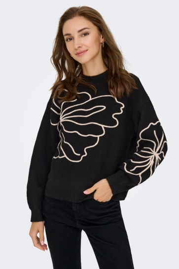 Jacqueline de Yong Trui JDYJELLA L/S FLOWER PULLOVER KNT NO 15344518 BLACK/W. CEMENT