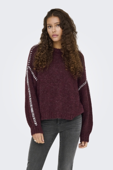 Jacqueline de Yong JDYZOEY LIFE L/S ON STITCH PULL KNT 15336758 MAROON BANNER/W.BIRCH STITCH