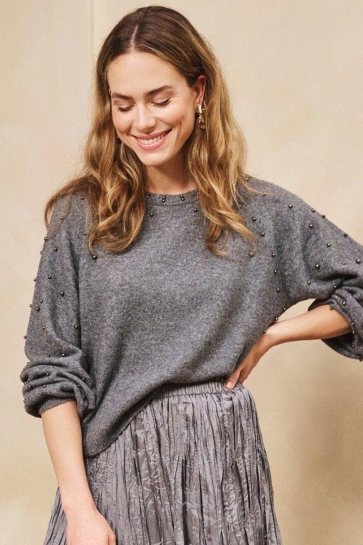 EsQualo SWEATER RAGLAN PEARLS F25 27523 DARK GREY MELANGE