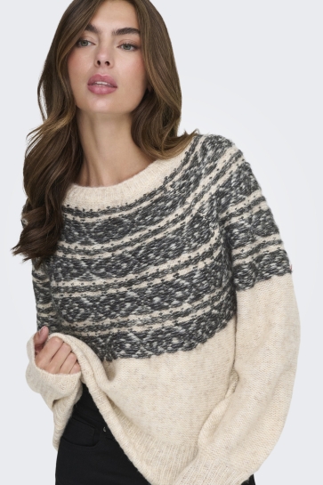 Only Trui ONLSIDONA LIFE LS JQ O-NECK KNT 15353108 BIRCH/BLACK/MEL