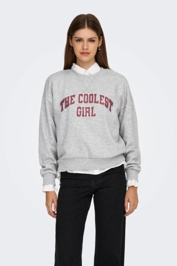 Only ONLJO L/S PRINT BOX BF SWT 15365051 LIGHT GREY MELANGE/THE COOLEST GIRL