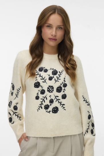 Vero Moda VMJUTA LS O-NECK EMBRODERY PULLOVER 10334853 Birch/W. Black