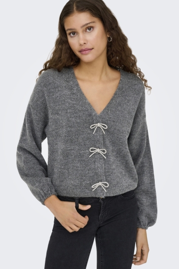 Only Trui ONLDONNA LS BOW V-NECK KNT 15343634 MEDIUM GREY MELANGE
