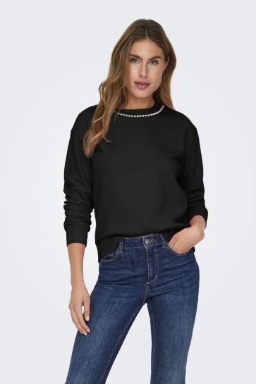 Jacqueline de Yong JDYPARIS L/S EMB SWEAT JRS 15221015 BLACK/NECK PEARL DETAIL