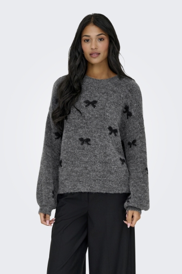 Only Trui ONLBRUNHILDA LIFE LS BOW O-NECK KNT 15361150 MEDIUM GREY MEL/BLACK/MINI