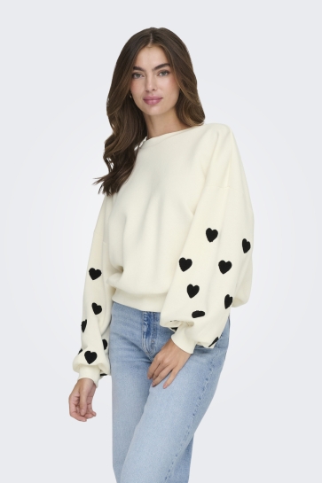 Only sweater ONLMACY L/S O-NECK BOX CC SWT 15352921 CLOUD DANCER/W. BLACK HEARTS