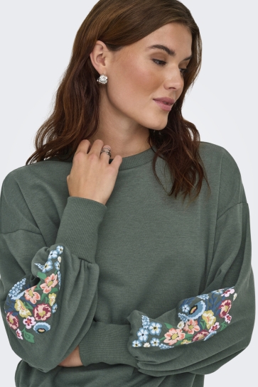 Only Trui ONLBROOKE L/S O-NECK FLOWER SWT NOO 15216364 BALSAM GREEN/SLEEVE MULTI FLOWERS