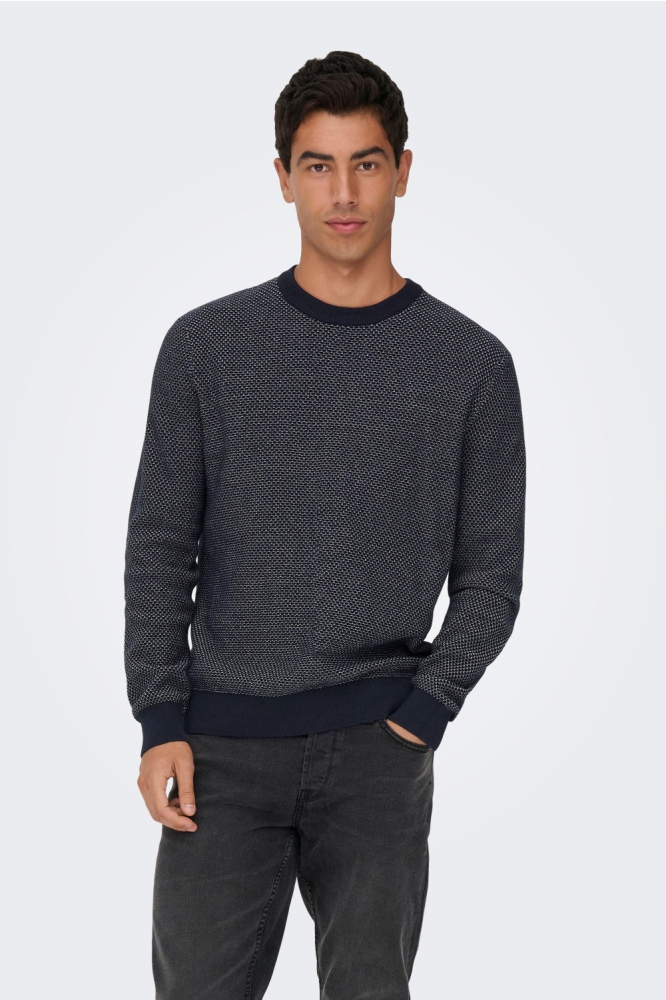 Only & Sons blauwe heren trui | Model vooraanzicht