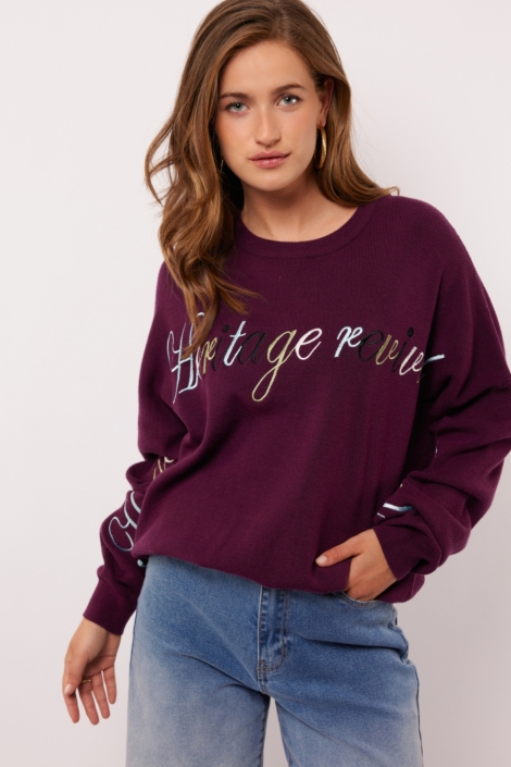 Fluresk paarse dames trui | Model vooraanzicht