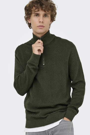 Only & Sons Trui ONSMACE REG HERRINGBONE HALF ZIP KN 22033301 OLIVE NIGHT/MELANGE