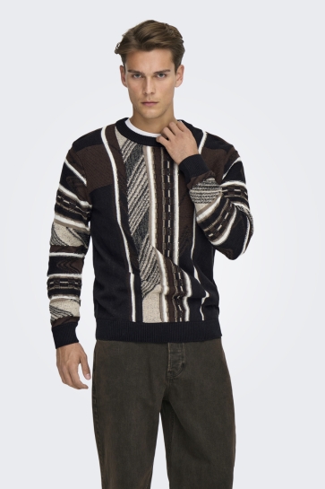 Only & Sons ONSRISE REG LS PATTERN CREW KNIT 22035131 BLACK