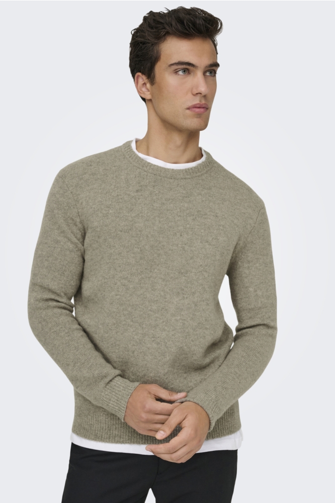 Only & Sons taupe heren trui | Model vooraanzicht