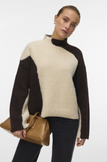 Vero Moda Trui VMASHER LS FUNNELNECK PULLOVER 10338975 BIRCH/W CHOCOLAT
