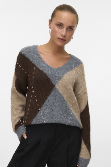 Vero Moda VMBLISS LS V-NECK HANDSTITCH PULLOV 10339079 Medium Grey Mel/W. CHOCOLA