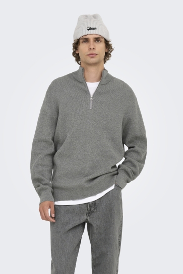 Only & Sons Trui ONSPHIL REG 12 STRUC HALF ZIP KNIT 22023210 MEDIUM GREY MELANGE
