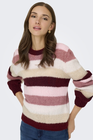 Jacqueline de Yong Trui JDYDINEA L/S O-NECK STRIPE PULLOVER 15271274 CABERNET/DUSTY ROSE CD TAPIOCA CHALK PINK