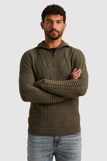 Cast Iron half zip collar cotton boucle Groen