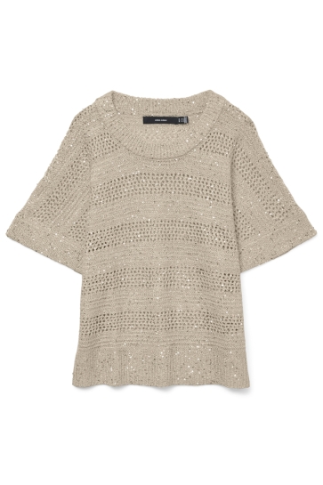 Vero Moda Trui VMLEILANI STRIPE SS O-NECK PULLOVER 10327755 CEMENT/WITH SILVER SEQUINCE
