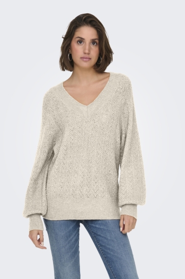 Only Trui ONLLUCILLA LS GLITTER V-NECK KNT 15324276 BIRCH/GOLD GLITTER