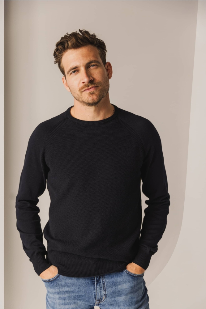 State of Art blauwe heren trui | Model vooraanzicht