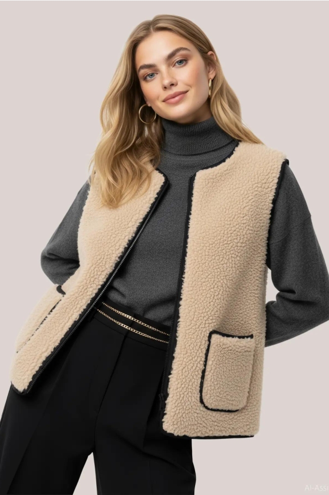 Hypedrop beige dames gilet | Model vooraanzicht