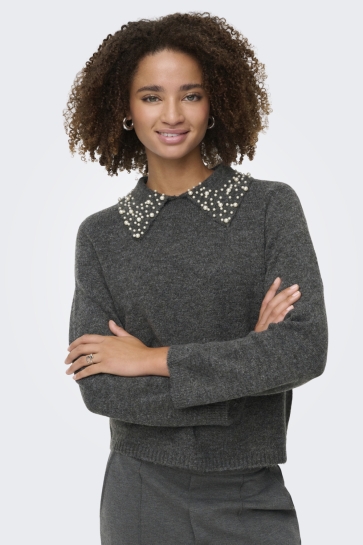 Jacqueline de Yong Trui JDYAUBRAY LIFE L/S PEARL COLLAR PUL 15359787 DARK GREY MELANGE/WHITE PEARLS