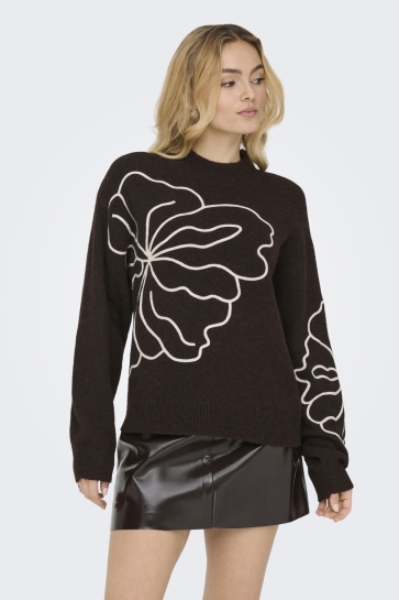Jacqueline de Yong JDYJELLA L/S FLOWER PULLOVER KNT NO 15344518 CHOCOLATE TORTE