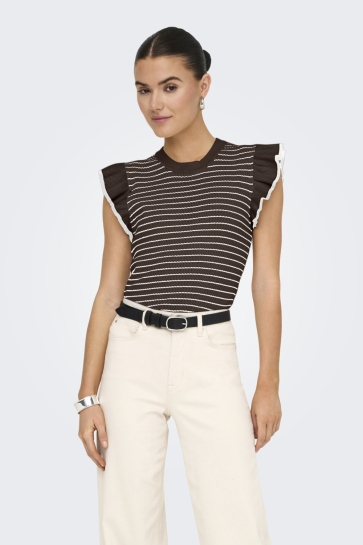 Jacqueline de Yong Top JDYCARICE S/L FRILL PULLOVER KNT NO 15360345 CHOCOLATE BROWN/CLOUD DANCER STRUCTURE