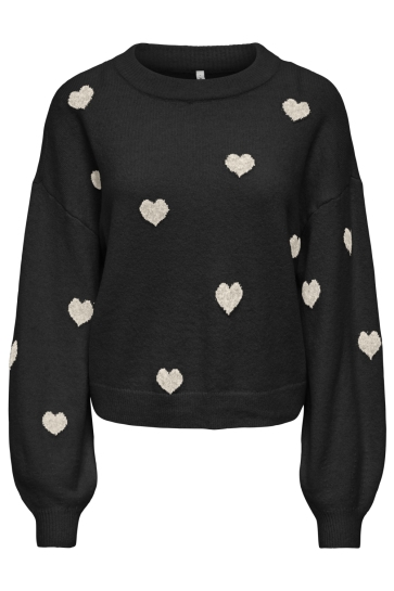 Only Trui ONLRICA LS DETAIL O-NECK CC KNT 15375856 BLACK/HEART/BIRC