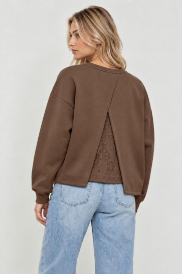 Vero Moda sweater VMLOCCA L/S LACE SWEATSHIRT JRS BTQ 10348966 COCOA BROWN/COCOA BROWN LACE