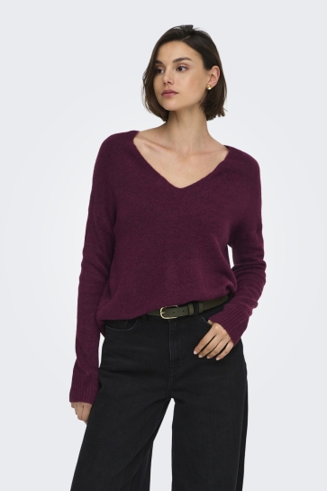 Jacqueline de Yong Trui JDYELANORA L/S V-NECK PULLO. KNT NO 15207823 WINDSOR WINE/MELANGE