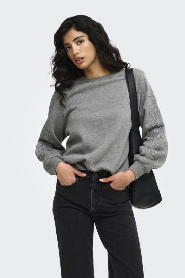 Jacqueline de Yong sweater JDYMESA MINDY L/S EMB SWEAT JRS 15376644 Medium Grey Mel/FLOWER EMB