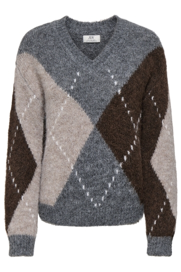 Jacqueline de Yong Trui JDYZOEY L/S V-NECK ARGYLE PULLOVER 15383047 Medium Grey Mel/CHATEAU GR