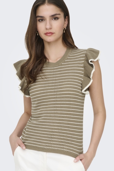 Jacqueline de Yong T-shirt JDYCARICE S/L FRILL PULLOVER KNT NO 15360345 SEPIA TINT/W.CLOUD DANCER 