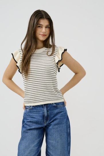 Jacqueline de Yong T-shirt JDYCARICE S/L FRILL PULLOVER KNT NO 15360345 CLOUD DANCER/W BLACK STRUCTURE
