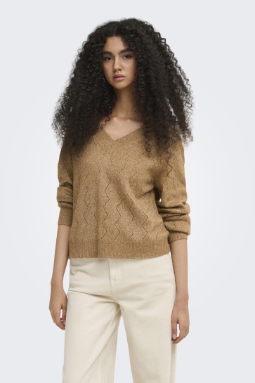 Jacqueline de Yong Trui JDYASPEN LIFE L/S V-NECK PULLOVER K 15359750 Toasted Coconut/W. GOLD LUREX