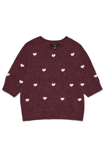 Vero Moda Trui VMDOFFY INTARSIA 2/4 O-NK PULLOVER 10330793 Windsor Wine/W. WHITE HEARTS
