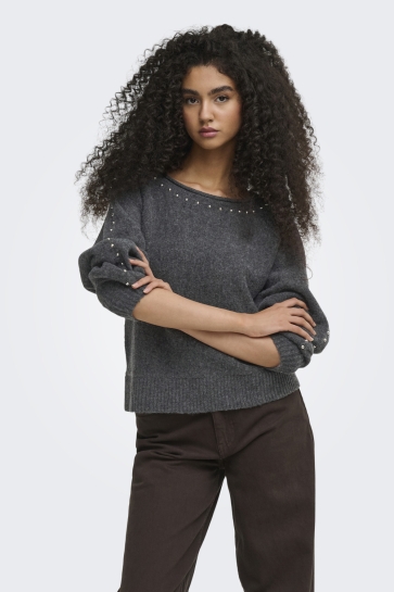 Jacqueline de Yong Trui JDYGRACIE L/S BOATNECK STUD PULLOVE 15384700 Dark Grey Melange/W. STUD EMBELLISH