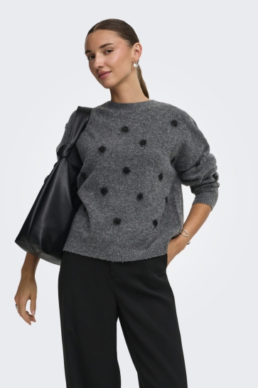 Jacqueline de Yong Trui JDYMELEA L/S O-NECK POMPOM PULLOVER 15382894 Dark Grey Melange/W. BLACK POMPOM
